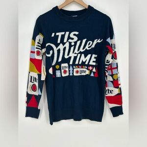 Miller Lite Unisex Holiday Christmas Sweater Navy Blue ‘Tis Miller Time -Small
